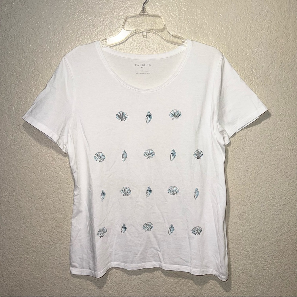Talbots Seashell Tee Large White Beaded Coastal Beach Cotton T Shirt